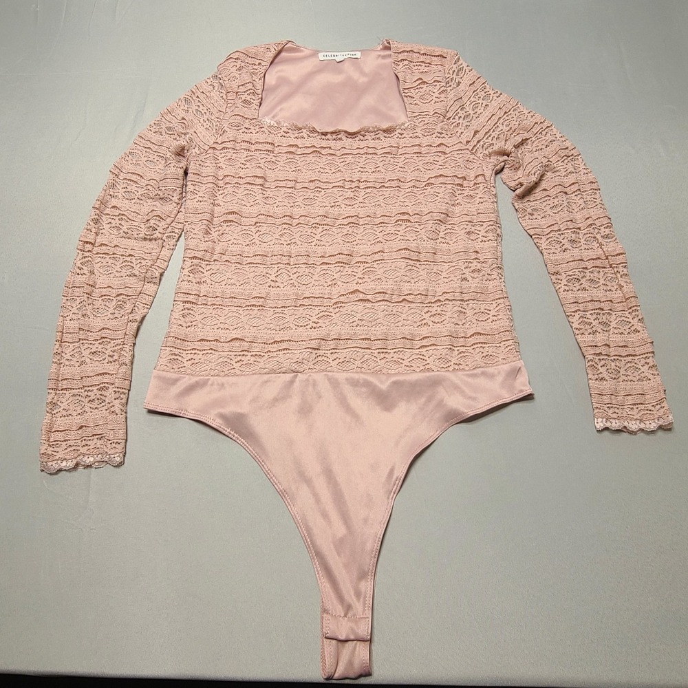 Body Suit XL Dusty Pink Long Sleeve Lace Overlay Feminine Boho Whimsi‎ Dainty